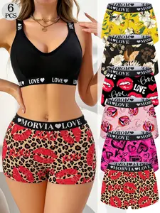 6-Pack Women's Fashion Printed Boyshorts, Fit Panties, Sexy Leopard Floral Lips Print, Elastic Waist, Casual Underwear, All Seasons