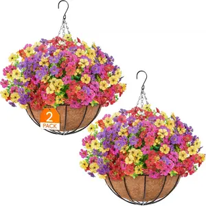 2 Sets of 24-Bundle Artificial Daisy Hanging Baskets, UV Resistant Faux Flowers in Fuchsia, Purple, Yellow & Red for Indoor/Outdoor Porch, Patio & Garden Decor