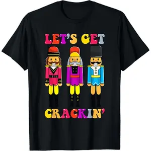 Retro Christmas Lets Get Crackin Nutcrackers Vintage Xmas T-Shirt, 100% Cotton, Single Side Printed, Black Short Sleeve T-shirt, 1 pc, Christmas Halloween Thanksgiving Gift