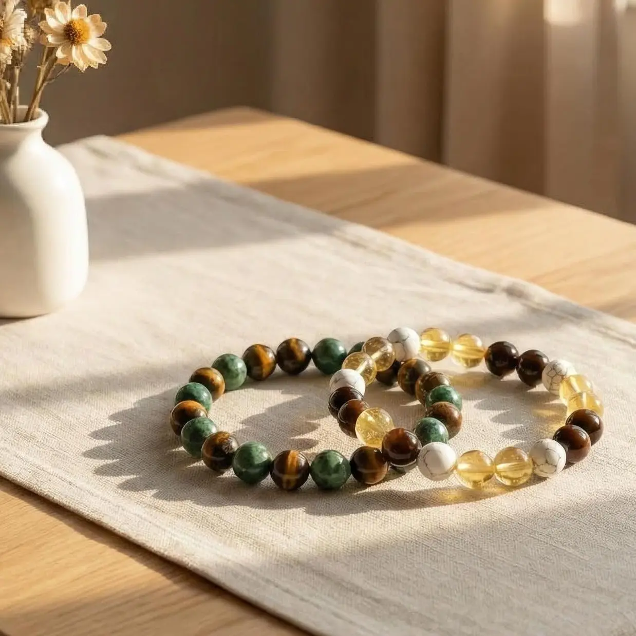 Hcrystyle Unisex Energy Bracelet Set - Natural Citrine, Howlite, Tiger's Eye, African Turquoise Beaded Bohemian Bracelets, Inspirational Jewelry for Positivity & Steadiness, Birthday/Anniversary Gift for Loved Ones/Friends
