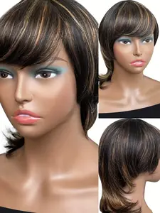 Mullet Wig Straight Human Hair Wig Highlight Color Full Machine Made Wig Halloween Wig for Women Daily Use Wig