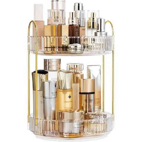 Modern Plastic 360° Rotatable 2-Tier Makeup Organizer - Rotating Holder Shelving & Storage with Compartments, 2-Tier Layout Separates Daily Items for Vanity Countertop or Dresser Perfume, Skincare, Cosmetics