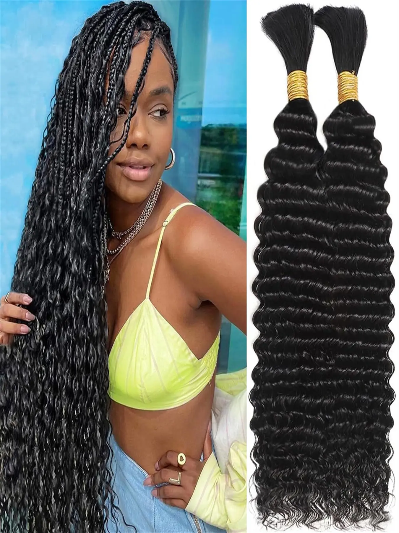 Human Braiding Hair for Boho Braids,  Deep Water Wave, Bulk Human Boho Hair, No Weft, 12a Wet and Wavy Curly , 2 Bundles/pack, 90g Natural Color, Human Hair Extensions