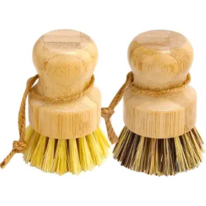 Bamboo Dish Brush Set, 2 Pcs Palm Wooden Dish Scrubber, Durable Wood, Natural Round Vegetable Cleaning Pots Pans Sink Washing Kitchen Brush