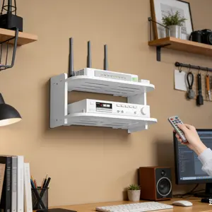 2-layer wall-mounted WiFi router storage rack, with breathable router storage rack - no punching router storage rack, wall-mounted weak current finishing rack, set-top box light cat storage box,  heavy-duty PVC finishing rack