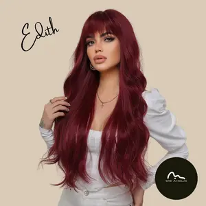 EDITH 【WA-LALC2074-1】 30inches Body Wave Cherry Red with Bangs Wig Full Machine Glueless Party Daily