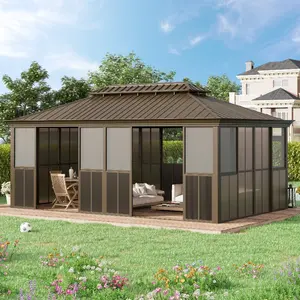 12' x 20' Sunroom Patio Hardtop Gazebo with Double Roof, Galvanized Steel Top & Aluminum Frame, All-Season Outdoor Solarium with Sliding Doors and Sliding Mesh Windows