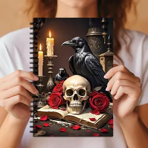 Raven Skull Roses Spiral Notebook, Gothic Dark Academia Journal with Lined Pages, Witchy Occult Gift for Horror Fans and Gothic Lovers