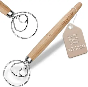 13-Inch Danish Dough Whisk – Wooden Handle & Stainless Steel Single Loop, Bread Whisk for Sourdough, Pizza Dough, Cake Batter & Artisan Baking