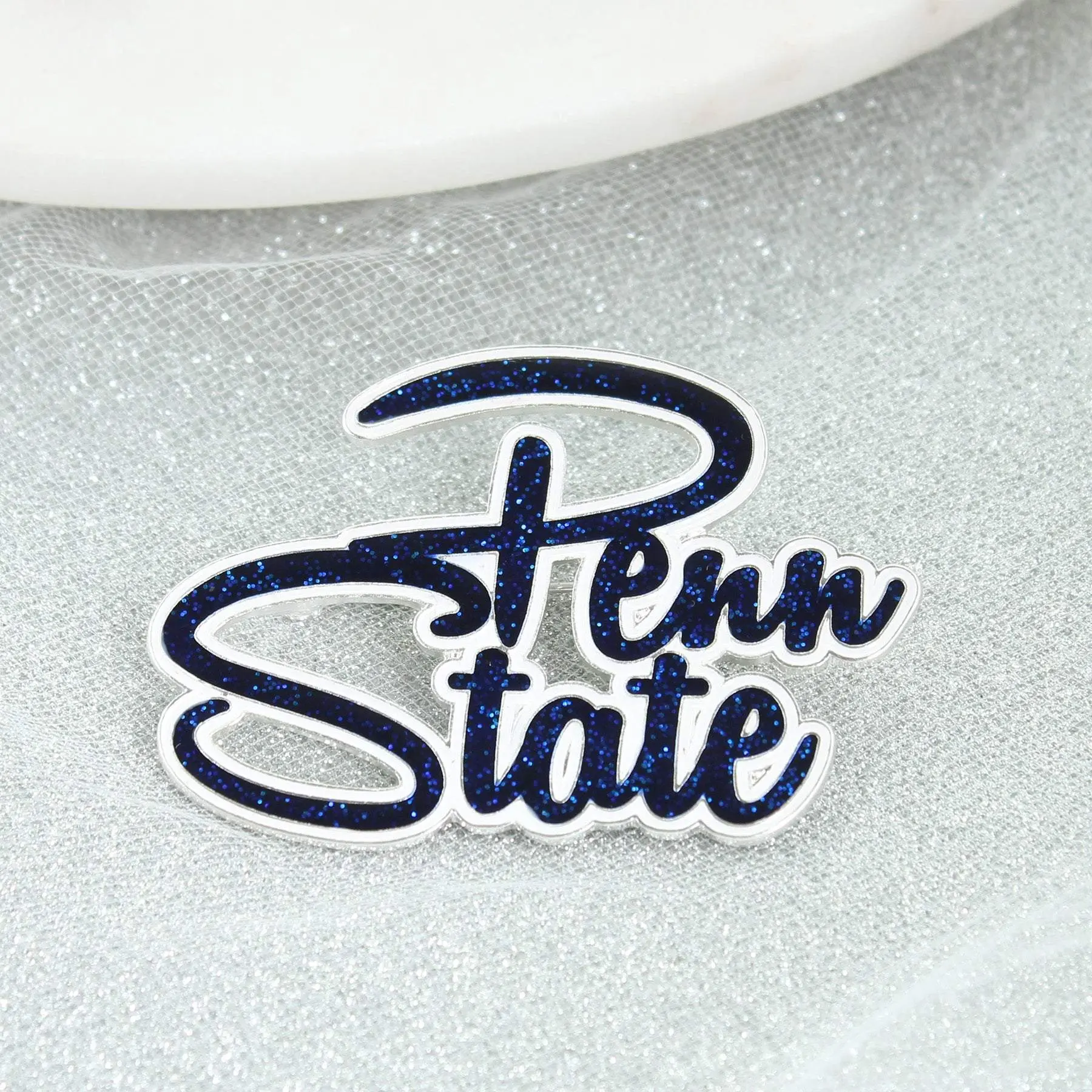 Glitter Enamel Penn State Slogan Pin - Navy and Silver Tone