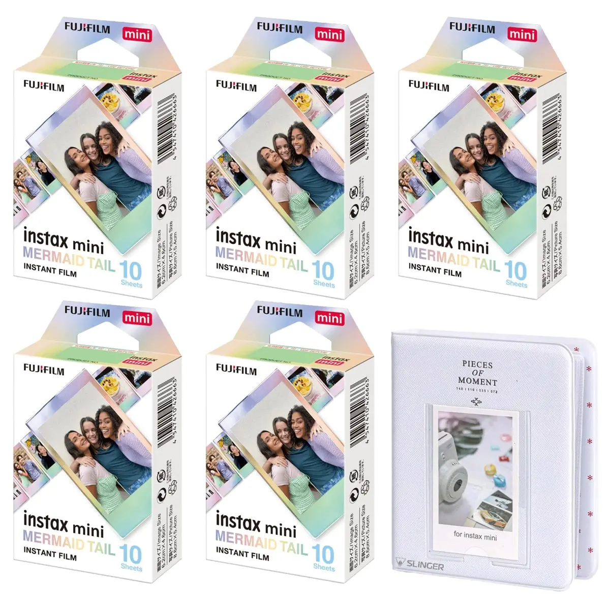 Fujifilm Instax Mini Mermaid Tail Instant Print Camera Film, 5 Packs (10 Exposures Each) + Slinger Photo Album for Instax Mini Camera Accessories