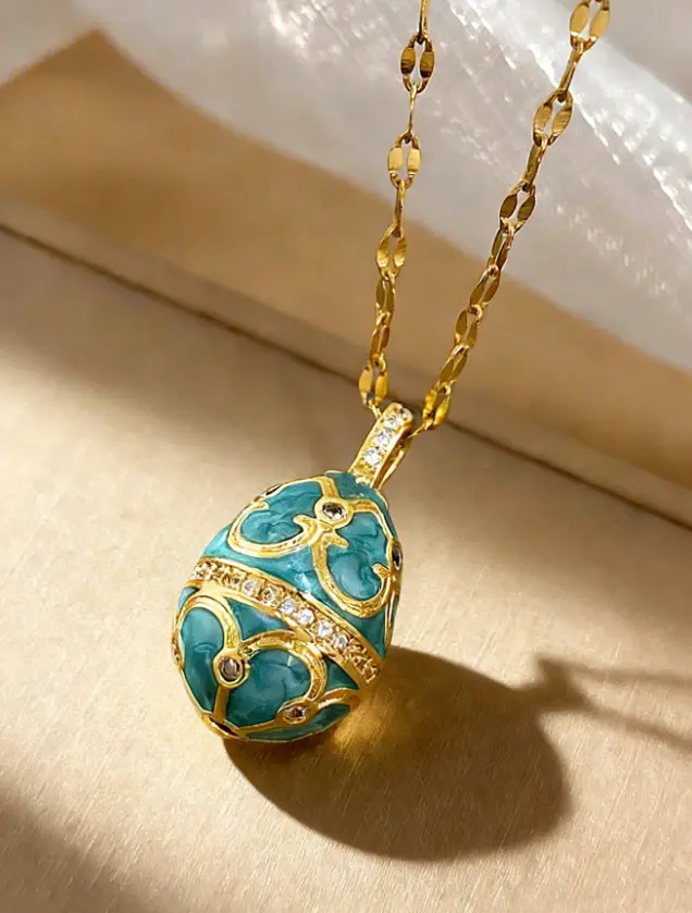 Egg Pendant Necklace for Women, Green Blue Charm, Boho Jewelry