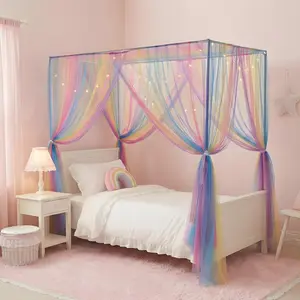 Bed Canopy for Girls Kids, 4 Corner Post Princess Twin Canopy Bed Curtains with DIY Star Stickers for Bedroom Decor