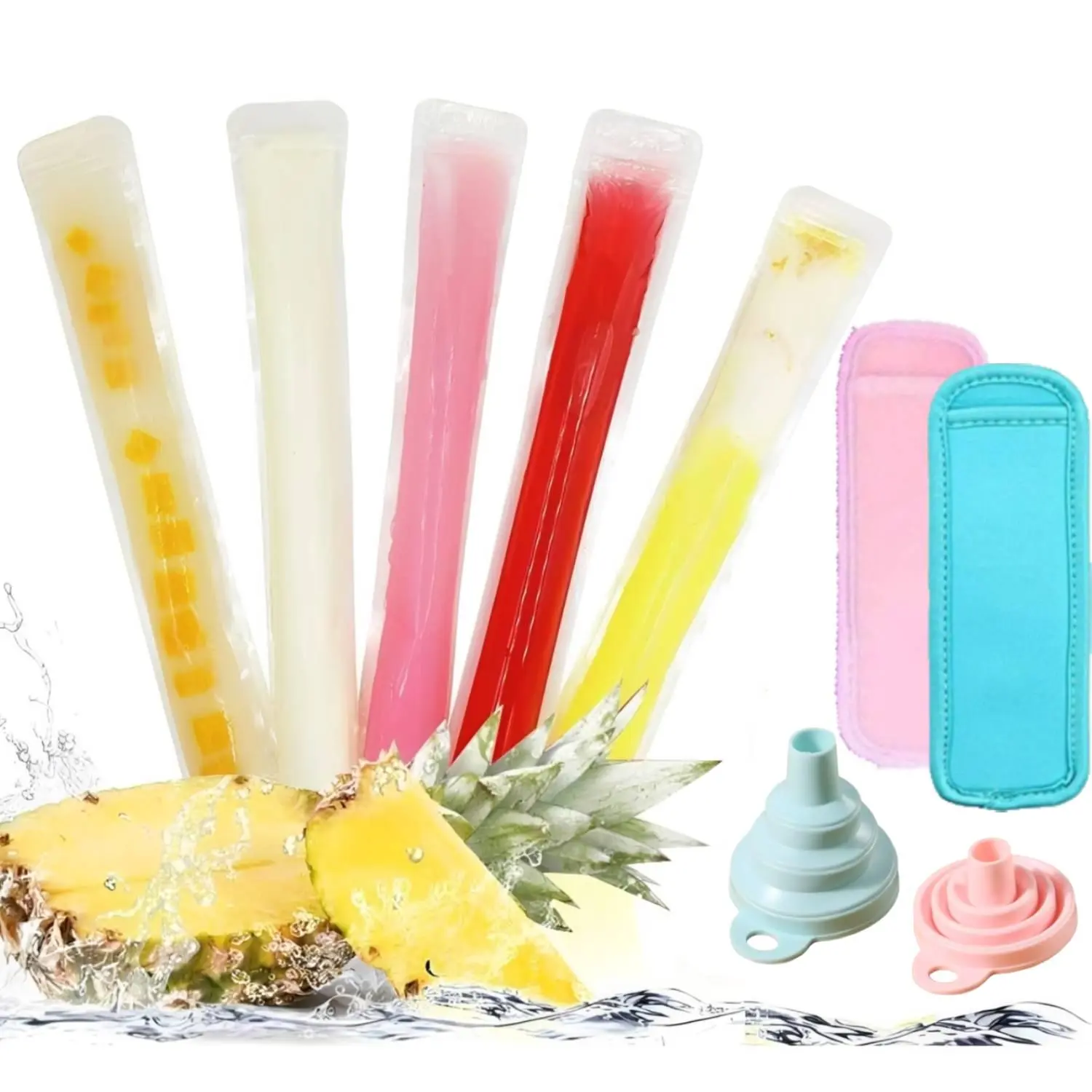 100 Packs Disposable Ice Popsicle Mold Bags & 2pcs Popsicle Bags & 2pcs Funnel Kit For Healthy Snacks, Yogurt Sticks, Juice & Fruit Smoothies, Ice Candy Pops