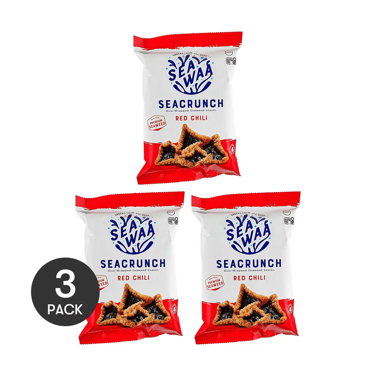 3 Pack SEAWAA Korean Rice-Wrapped Seaweed Snack Red Chili Flavor 1.58 oz - Gluten Free Vegan Crispy Nori