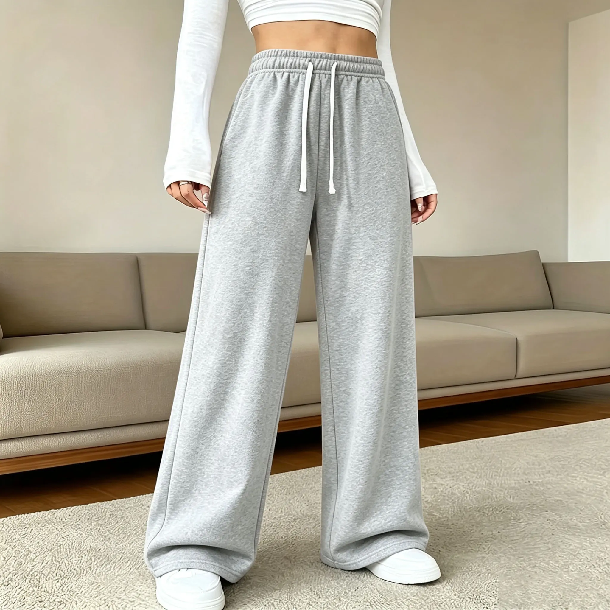 Women’s athletic casual long pants, loose minimalist solid-color joggers with a drawstring elastic waistband