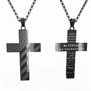 Patriotic Cross Necklace for Men Stainless Steel Chain Scripture Flag Charm Men's Religious Accessories Faith Jewelry for Church Everyday Wear jewelry  men patriotic chain gift pouch boo  necklaces
