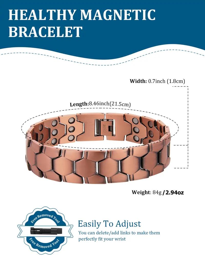 Red copper hexagonal mosaic style men's magnetized germanium element health bracelet, with strong magnets and magnetic therapy for health benefits. It is paired with a closed-style clasp, featuring a tough and business-appearing yet casual style.