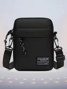 Men's Fashion Solid Color Letter Patched Design Zipper Crossbody Bag, Zippered Sling Bag, Versatile Shoulder Bag, Casual Lightweight Crossbody Bag for Working, Dating, Party, Shopping