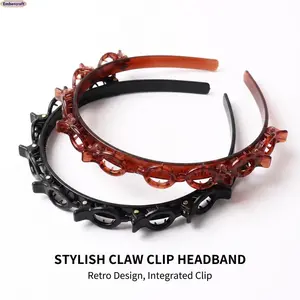 Y2K Claw Clip Headband with Built-in Clips - Double Layer Braiding Hairband for Women & Girls. Anti-Slip Bangs Hairpin with Tooth Comb for Easy Twist Plait Styling. Lightweight Hair Accessory for Daily Wear, School & Makeup