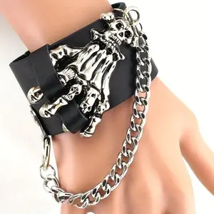 2pcs Gothic Skull Hand Wide Bracelet - Punk Claw Chain Strap PU Leather Wristband, Unisex Vintage Rock Streetwear Gothic Jewelry for Men Women (Sports & Outdoor Protective Gear Accessory)