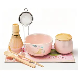 9 PCS Complete Japanese Matcha Whisk Tea Kit Includes Ceramic Bowl Bamboo Whisk Scoop Sifter Whisk Holder Stainless Steel Sieve Cute Cat Design