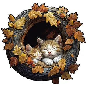 Wooden Puzzle for Adults-3D Vision Effect Kittens Resting Wooden Puzzles, Unique Shape Pieces Wooden Jigsaw Puzzle, Creative Handmade Decorations, Holiday Gifts Home Decor Family Game
