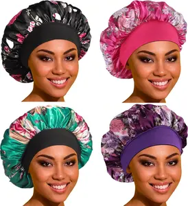 Satin Bonnet Hair Bonnet for Sleeping- 4 Pack Large Silk Bonnets for Women with Elastic Soft Band for Hair Care Braids