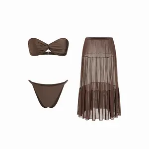 Cider Halter Neckline Twist Bracelet Bikini Set With Cover Up Skirt