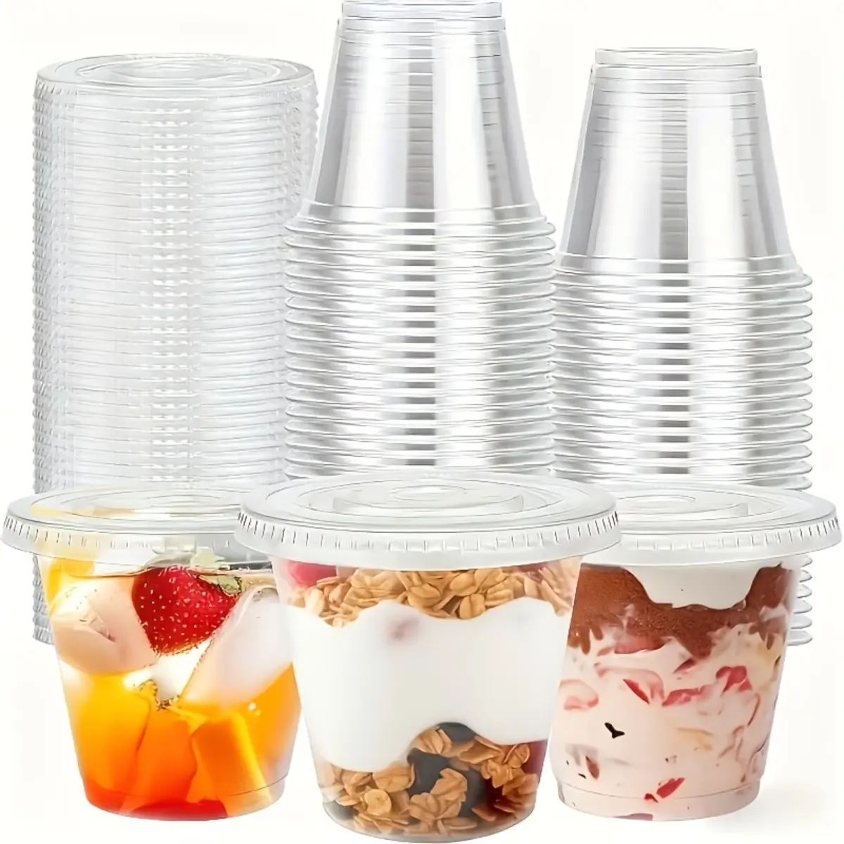 200 Sets Disposable Clear Cold Drink Cups 12oz/360ml with Flat Lids No Hole, Thick Crystal Clear Stackable, for Smoothie Milkshake Juice Iced Coffee, Snack & Plastic Dessert Cups, Individual Cups, Christmas New Year Party Corporate Events Picnic