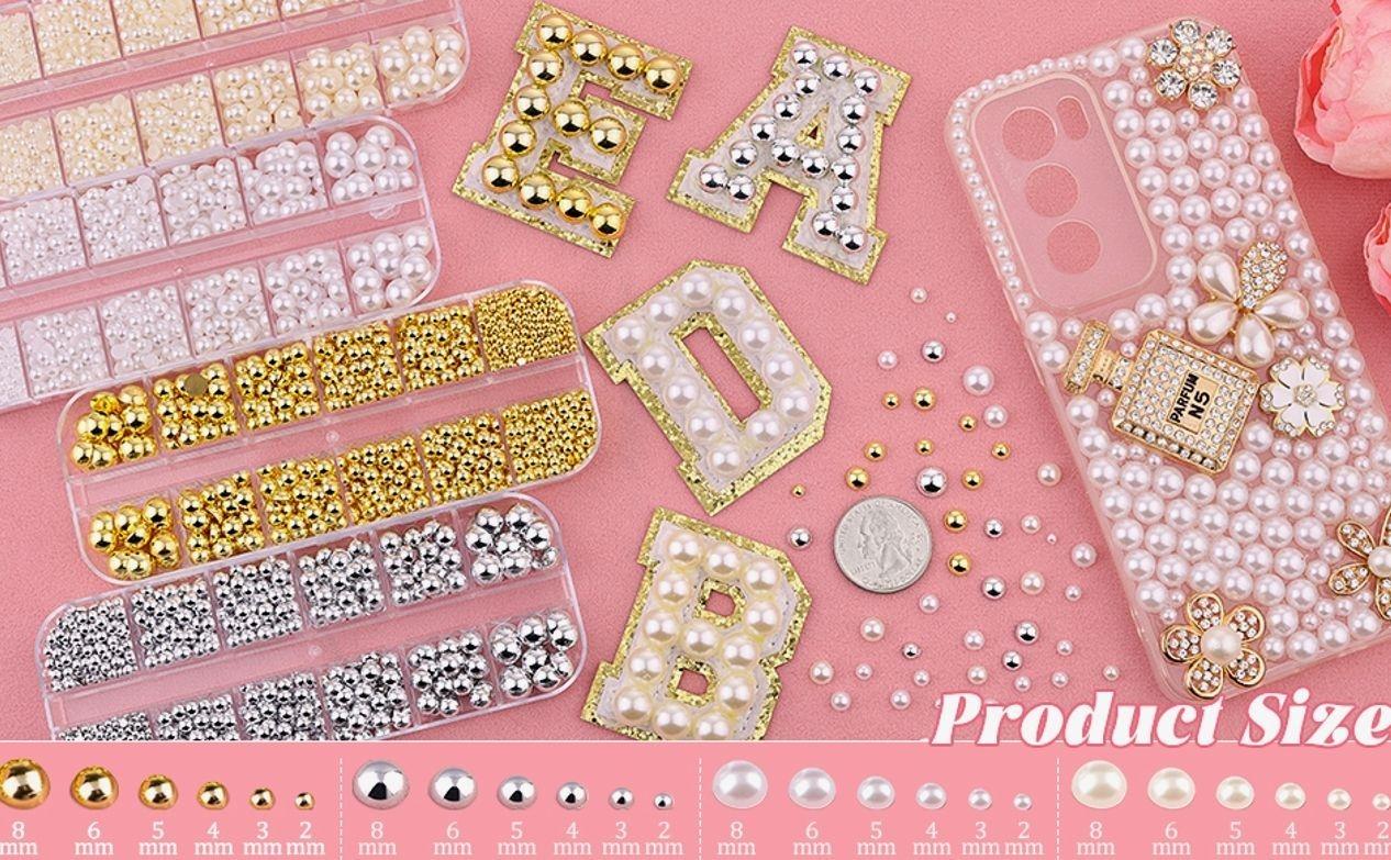 Silver Nail Charms and Gems, Half Round Flatback Pearl Nail Charms, Nail Pearls Rhinestones Kit Silver Beads for Nails with Pencil and Tweezer for DIY Nail Art, Face Makeup and Crafting