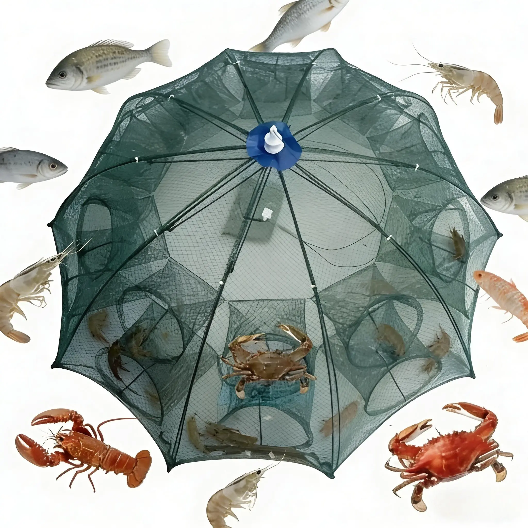 1-Pack Foldable Fishing Bait Trap Crab Net with 6-Hole Design, Heavy-Duty Nylon & Steel Frame, Zipper Release for Smelt, Eel, Crab, Lobster, Minnow, Shrimp - Green, Crab Trap, Durable Nylon Net, Minnow Cage, Sturdy Build, Outdoor Adventurers