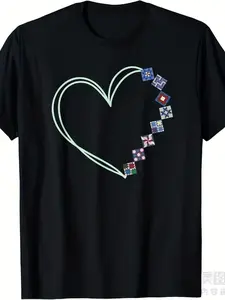 A T-Shirt Featuring a Heart Design Made from Quilt Blocks, Suitable for Both Men And Women, Perfect for Summer  with Short Sleeves, Crafted from 220G Pure
