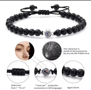 I Love You 100 Languages Bracelets - Black Beads with Slide Knot & "I Love You" Projection Accessory for Couples, Boyfriends, Girls, and More