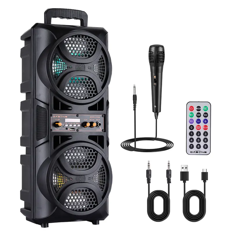 DAZONE Portable Bluetooth Speaker (2 x 6.5inch), Audio Device with Dual Subwoofers, Rechargeable PA Sound Box, LED Karaoke Function, Microphone, Remote Control, FM Radio, Hands-Free Calls, 20kHz Frequency Response, 2-Hour Playtime