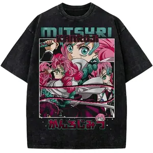 Vintage Acid Washed Heavy Cotton Oversized Crewneck T-Shirt, Demon Slayer Mitsuri Kanroji Love Hashira Manga Collage Graphic Tee, Kawaii Anime Streetwear Top, Unisex Loose Gym Pump Cover Casual Daily Shirt Anime Fan Gift Y2K Alt Grunge Retro Outfit