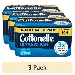 (3 pack) Cottonelle Ultra Clean Toilet Paper, Strong Toilet Tissue, 36 Mega Rolls