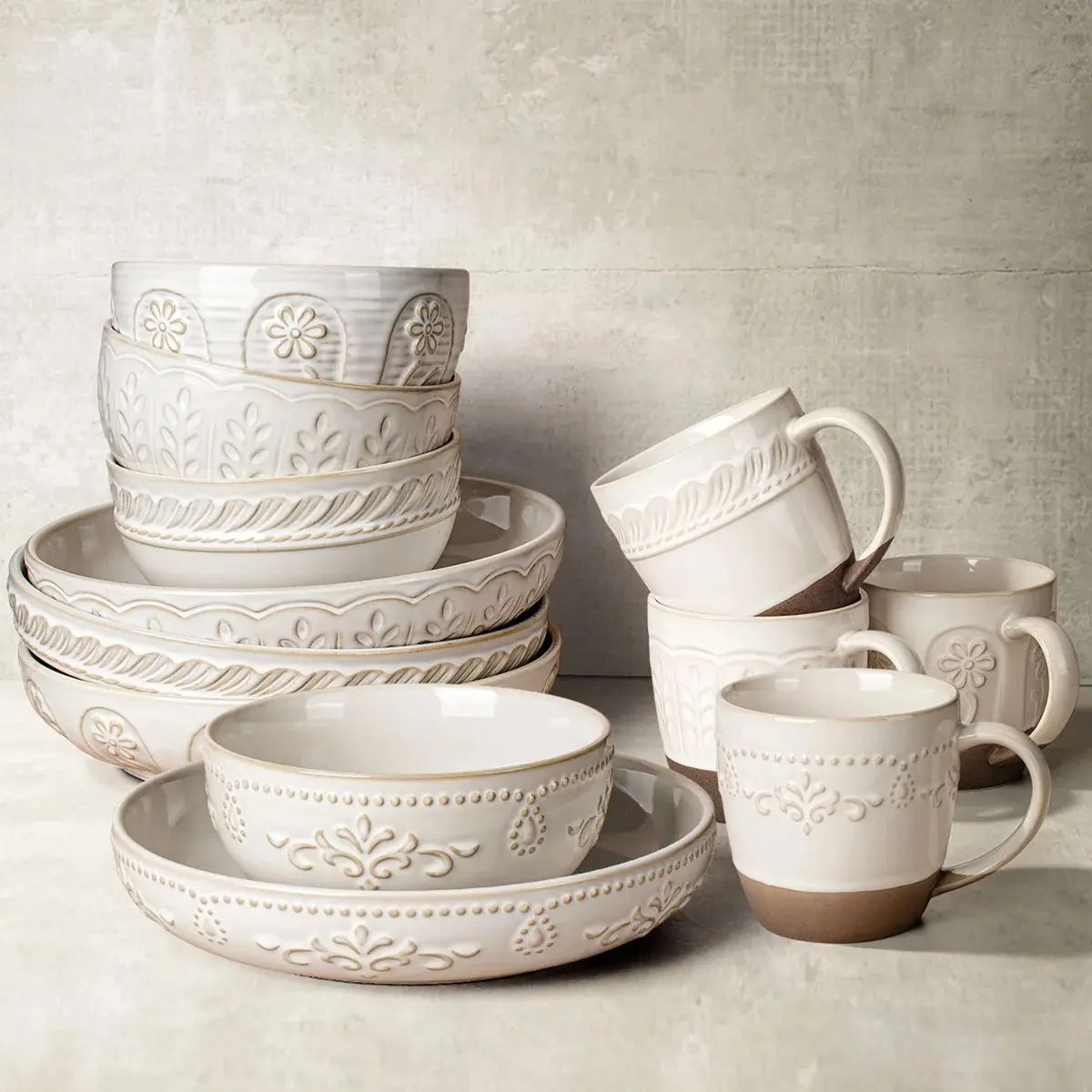 Artena 12-Piece Food-Grade Ceramic Dinnerware Set for 4 - Kiln Reactive Glaze, Embossed Design, Chip-Resistant, Microwave/Freezer Safe, Broil Up to 500°F, Easy to Store, Meal Prep, Entertaining, Gifting