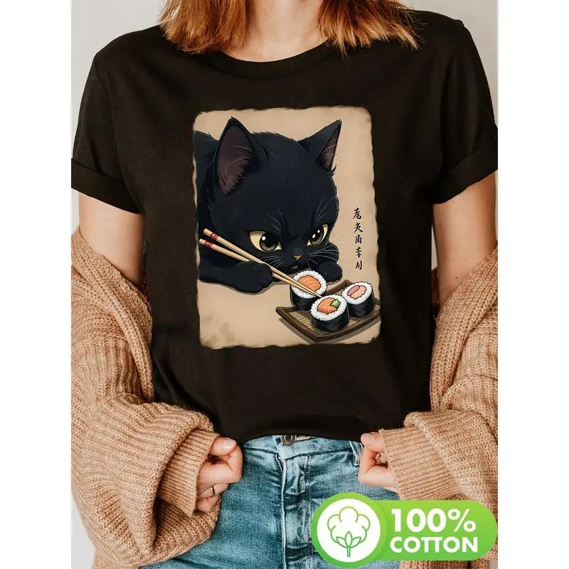 Cat Eating Sushi print t-shirt, short sleeve crew neck casual top for summer & spring, Women's clothing