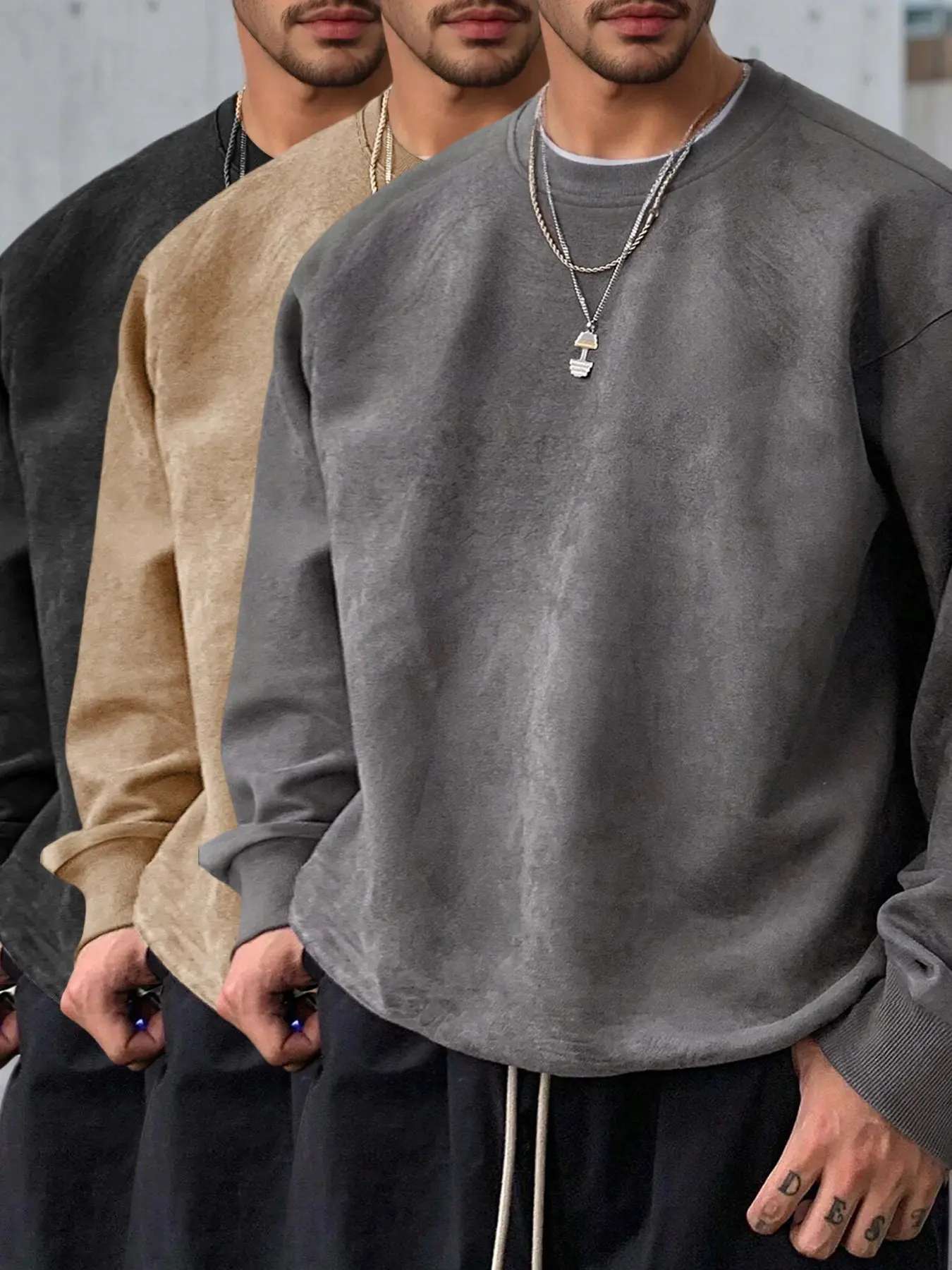 dark gray + camel + black.