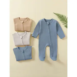 3pcs Newborn Baby Boys Clothes One Piece Romper With Mitten Cuffs Solid Color Long Sleeve Waffle Zipper Jumpsuit Outfit Outdoor