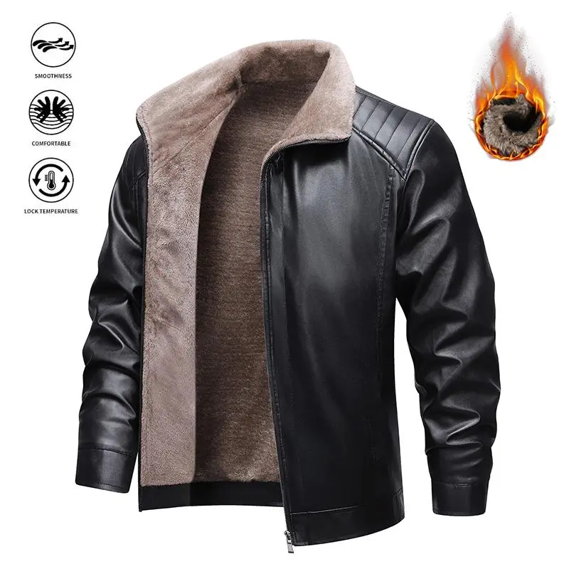 Men's Plain Long-Sleeve Leather-Fur Integrated Jacket - Menswear, Tough Outer Leather, Soft Light Brown Inner Fluff, Windproof Warm Classic Outfits, Casual Coats for Versatile Occasions