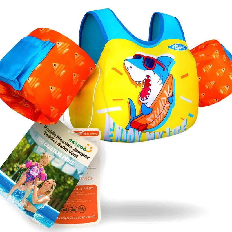 Puddle Float Jumper 20-30 Pounds, Toddler Swim Vest for 18Months-2Years Old, Pool Floats with Swimming Arm Floaties Swim Jacket with Water Wings for Kids Swimmies, Boys, Girls, Niños, Shark