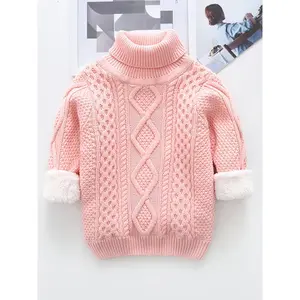 Fleece-Lined Thick Knitted Sweater |   Neck, Solid Color, Long Sleeve, Casual Style Boys, Acrylic