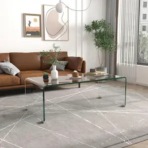 Shipping Included Whole Tempered Glass Coffee Table,Small Clear Modern Center Table with Rounded Edges Bent Home Office Furniture,Glass Sofa End Table 39.4" x 19.5" x 14"H