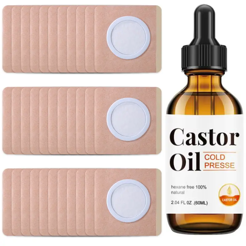 30Pcs Disposable Castor Oil Belly Button Patch with Organic Cold Pressed Glass Bottle 2.04oz | Self-Adhesive Castor Oil Patches for Neck/Shoulders/Knees | No Wash | Organic Cotton | Anti-Seepage