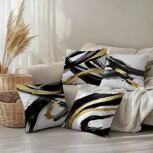 4pcs Abstract Black & Gold Ink Brush Painting Pillow Cover Set, Single-Sided Printed Peach Velvet Material, 45*45/50*50/40*40CM Cushion Cover Suitable For Modern Minimalist Sofa Living Room Decor, Gift, Party Decoration, Cushion Slipcovers