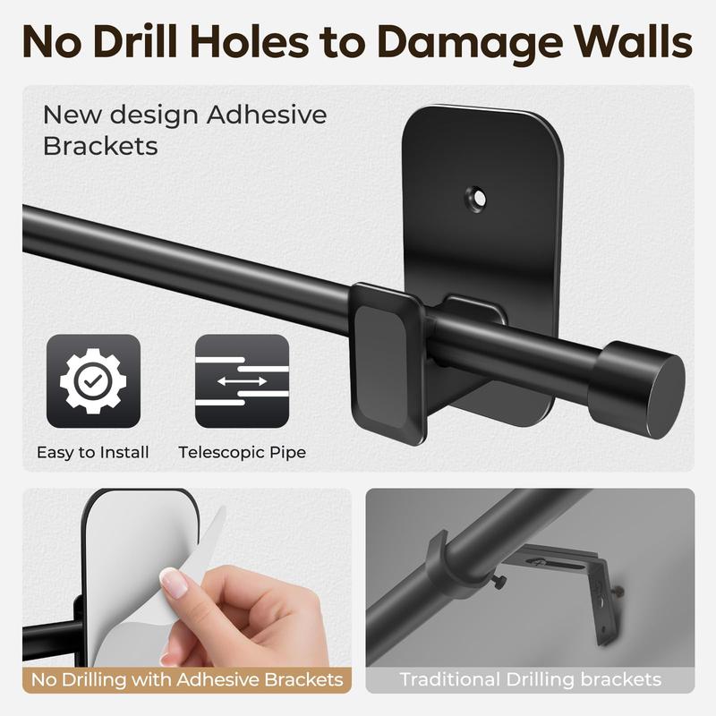 Inovaday No-Drill Curtain Rods for Windows - Adjustable 5/8" Tension Rod, Renter-Friendly Adhesive Brackets, Easy Install Black Drapery Pole