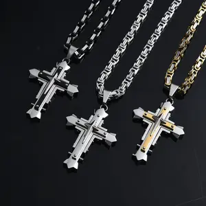 Men's Fashion 316L Stainless Steel Cross Pendant, 24 Inch Byzantine Cuban Chain, Men's Religious Jewelry Gift