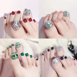 Wearable toenail stickers, detachable toenail art pieces, bright white glitter fake nails, finished toenails, Long Coffin French Tip Soft Gel Press On Nails with Glue for Women Lightweight Reusable Fake Nails Summer Beach Holiday Boho